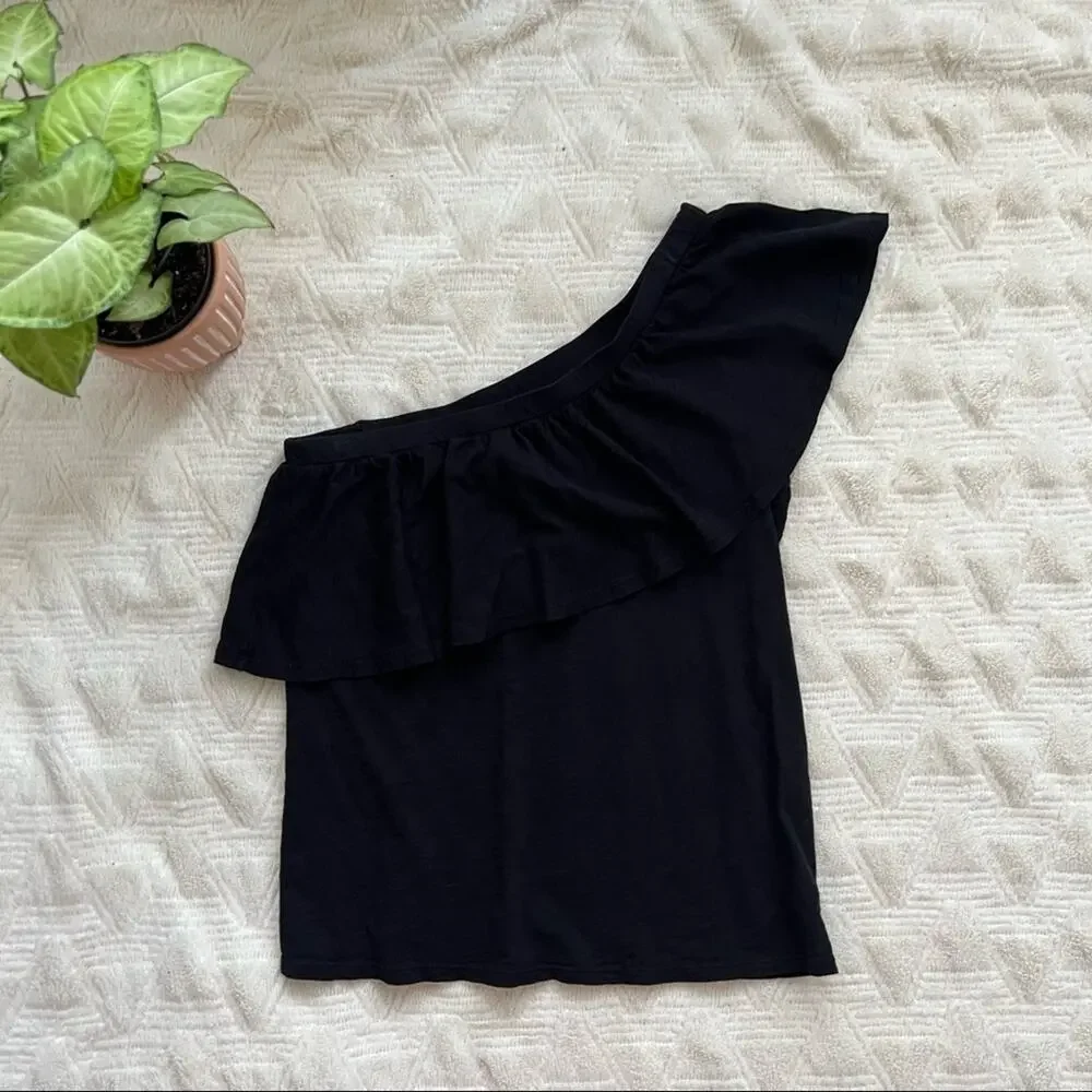 Velvet by Graham & Spencer Black One Shoulder Ruffle Top